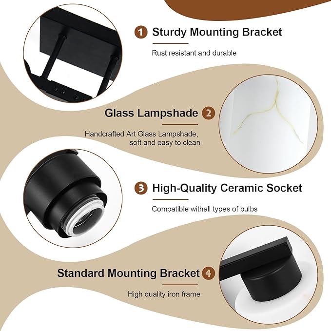 4-Light Bathroom Light Fixtures, Modern Vanity Lights, Black Metal Wall Lamp with White Marble Glass for Bathroom, Mirror, Living Room, Bedroom, Cabinet, Porch, Hallway, E26 Base