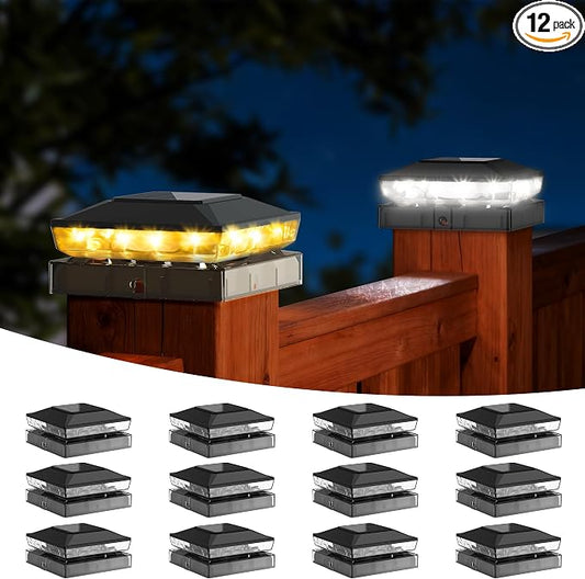 KEILAIMO Solar Post Cap Lights Outdoor, 12 Pack Upgraded Waterproof Deck Fence Post Solar Lights for 3.5x3.5 4x4 5x5 Vinyl/Wood Posts, 10-12 Hours Warm/Cool White Glow for Garden/Patio/Porch - Black