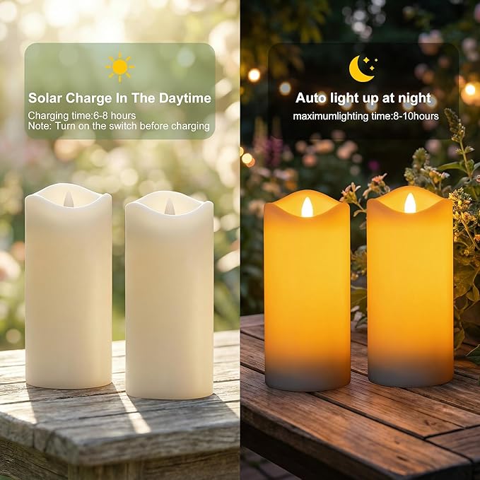 Livinlarge 4 Pack Outdoor Solar Powered Candles, 3"x6" Rechargeable Dusk to Dawn Lighting, Flameless Flickering Pillar LED Votive Candle, IP65 Waterproof for Patio Yard Deck Window Table Decor