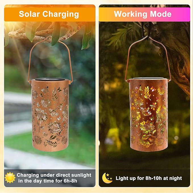 Colorful Sunflower Solar Lanterns Outdoor Waterproof, Sunflower Gifts for Women Mom Grandma, Metal Solar Hanging Decorative Lanterns for Yard Patio Porch Balcony Garden Decor