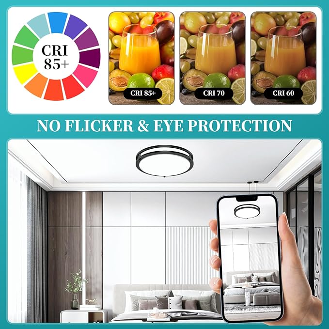 12Inch 3800LM Flush Mount LED Ceiling Light Fixtures, 36W, Black, Dimmable, Color Temperature Changeable, Suitable for Kitchen, Bathroom, Bedroom, Living Room, Dining Room