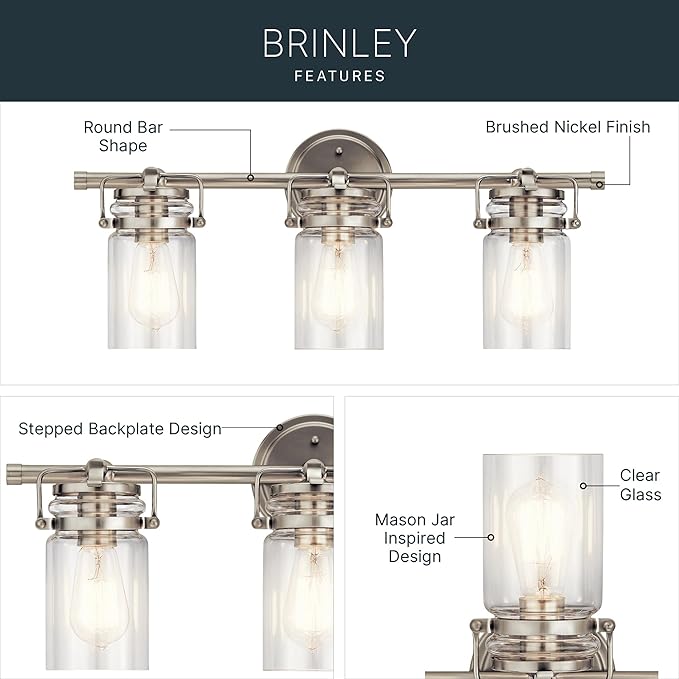 Kichler Brinley 24" Vanity Light in Brushed Nickel, 3-Light Farmhouse Bathroom Vanity Light with Clear Glass, (24" W x 10" H), 45689NI