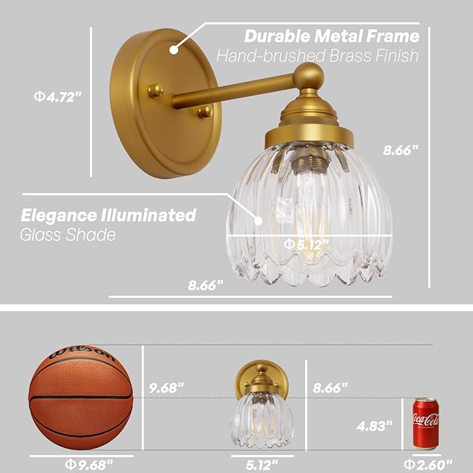 Vintage Hardwired Tulip Glass Wall Sconce Lighting, 1-Light Bathroom Vanity Light Fixture for Hallway Bedroom Living Room Bedside Nightstands Lights