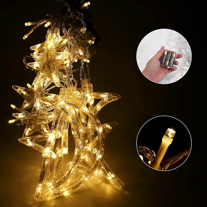 Moon and Stars Decor Curtain Lights, 11.5ft String Lights for Bedroom, Christmas, Ramadan Decor, Indoor LED Fairy Twinkle Light, Battery Operated or USB Plug-in (Warm Yellow + Remote)