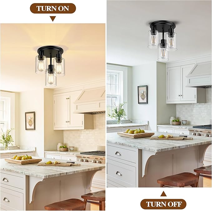 ROTTOGOON Semi Flush Mount Ceiling Light, Close to Ceiling Lights Fixtures, 3 Light Kitchen Ceiling Lights Fixtures with Glass Shades, Hallway Light Fixtures Ceiling Mount for Foyer, Black