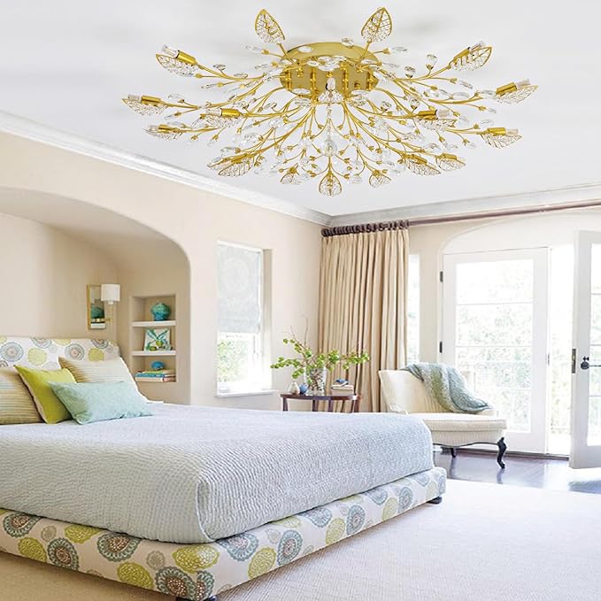 Modern Crystal Ceiling Light Fixture,Semi Flush Mount Chandeliers,Crystal Leaf Ceiling Light, Chandeliers for Dining Room,Living Room,Bedroom