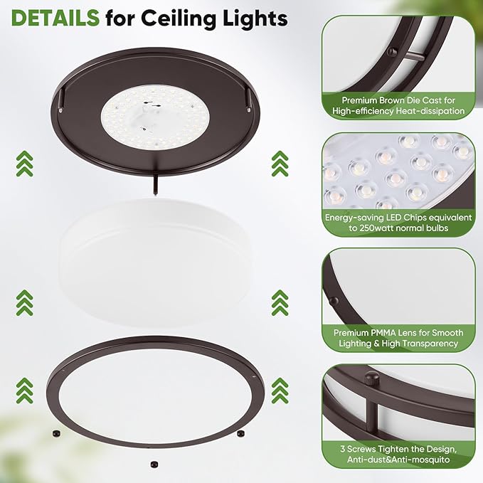 2-Pack 36W LED Ceiling Lights, 13inch Oil Rubbed Bronze Flush Mount Light Fixtures 3600LM 2700K/3000K/4000K/5000K/6500K Adjustable Ceiling Lights, Modern Dimmable Lighting for Kitchen Hallway Bathroom