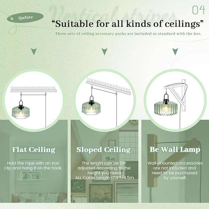 Light Green Hanging Lamp Plug-in Pendant Lights Vintage Pendant Lamps with 14.7 ft Cord Modern Glass Hanging Light Plug in Chandelier Lighting Large Striped Shade Mid Century Swag Lamp
