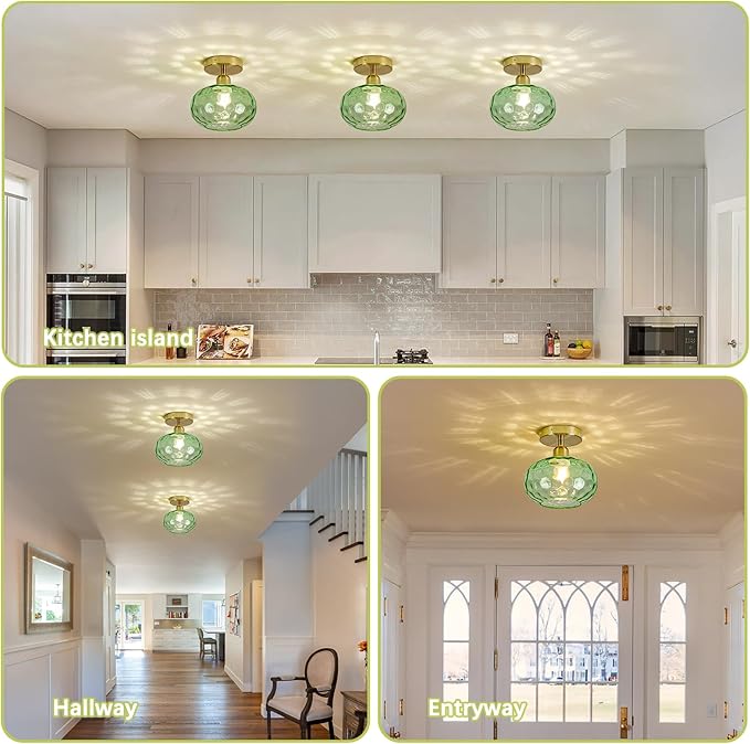 Green Glass Semi Flush Mount Ceiling Light - 7.9 Inch Hammered Art Deco Glass Small Hallway Light fixtures, Vintage Gold Flush Mount Ceiling Light for entryway Foyer Laundry Room Kitchen