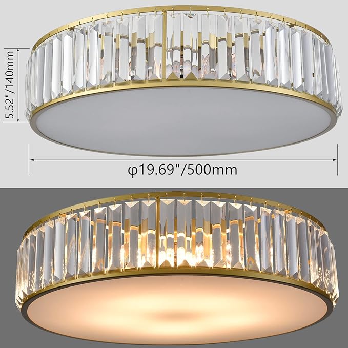 Modern 5-Light Gold Flush Mount Ceiling Light Crystal Glass Ceiling Lighting 20-Inch Luxury Crystal Light Fixtures for Bedroom Hallway Living Room