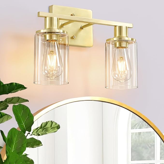 2-Light Gold Bathroom Vanity Light,Brushed Gold Bathroom Light Fixtures Over Mirror with Clear Glass Shade,Modern Wall Sconces Lighting for Kitchen Living Room Cabinet Hallway