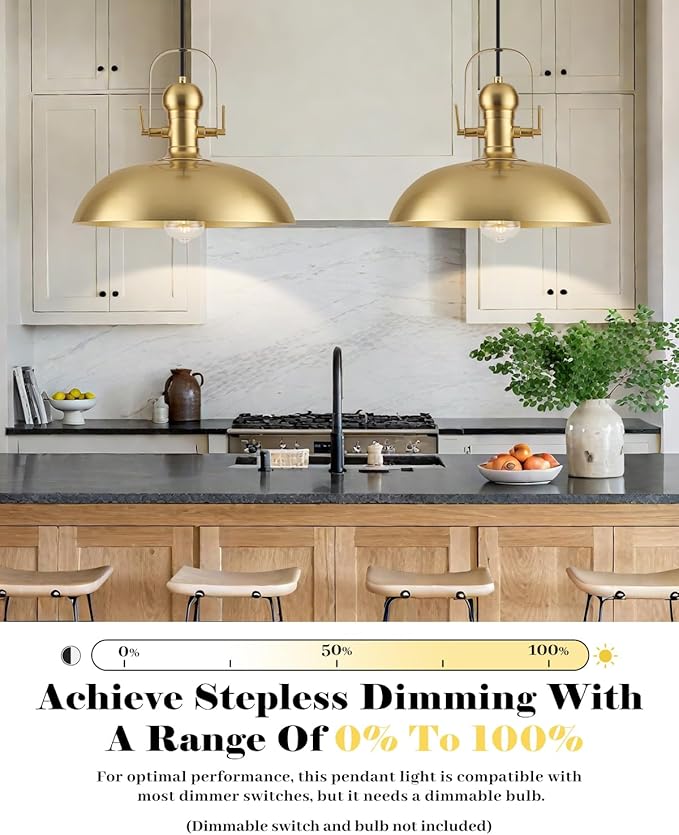 Gold Pendant Lights Kitchen Island 2 Packs, Gold Dome Pendant Light 13.8 Inch, Industrial Farmhouse Pendant Light, Island Pendant Lights for Kitchen Barn Hallway Porch Dining Room