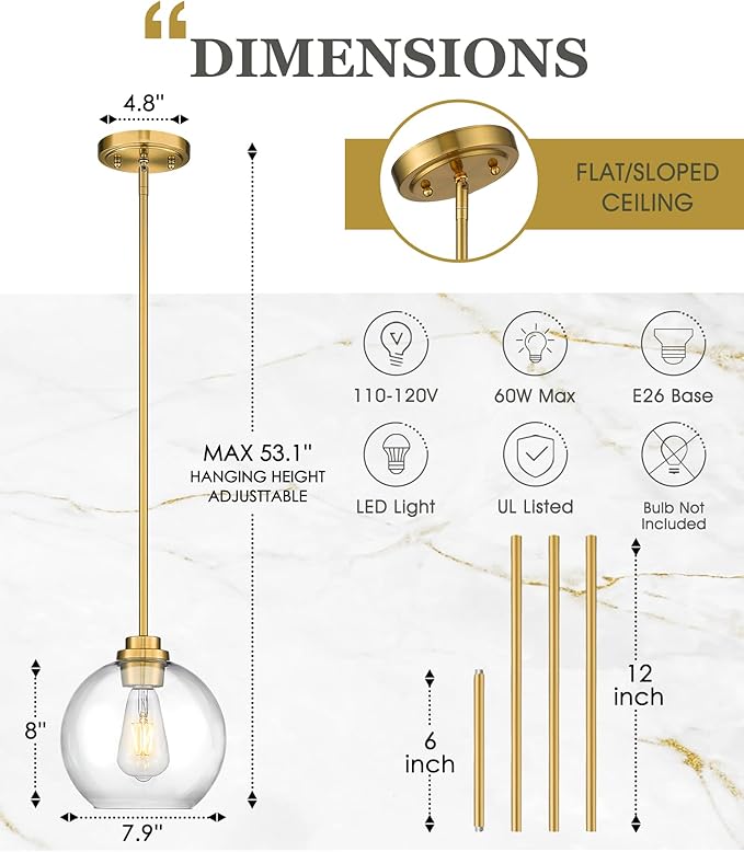 Gold Pendant Lights Kitchen Island, 8" Pendant Light Fixtures with Globe Clear Glass Shade, Modern Kitchen Island Lighting for Bathroom, AD-22280-1PL-GD