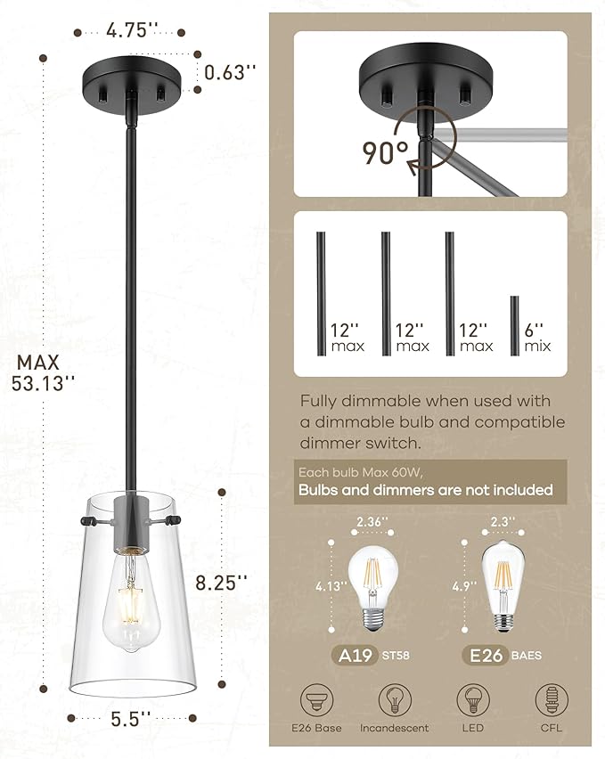 Beionxii Matte Black Pendant Light Fixtures, Pendant Lights Kitchen Island with Clear Glass, Modern Kitchen Pendant Lighting Over Island for Sink, Dining Room, Entryway, BX-PL03MB-CG
