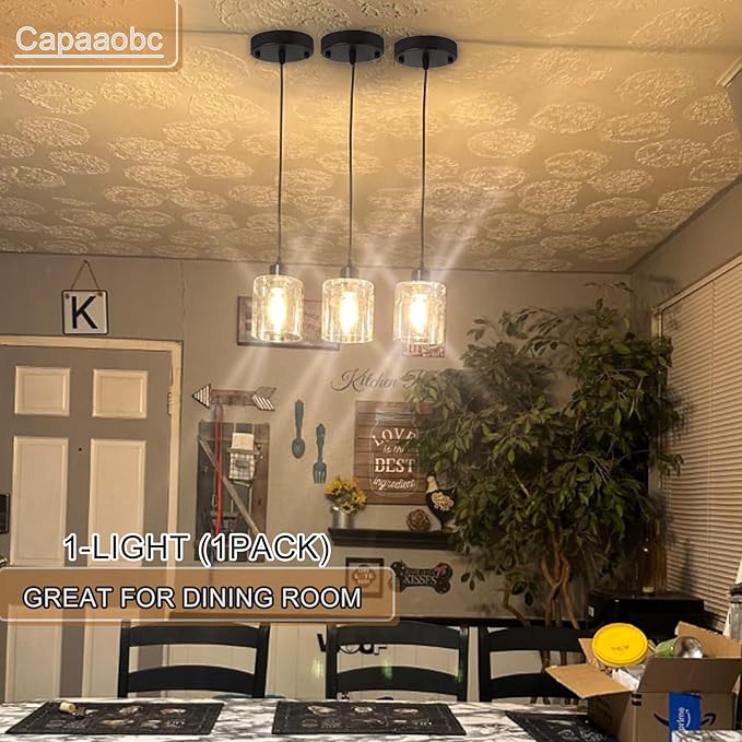 1 Light Pendant Lights Kitchen Island, Modern Farmhouse Hanging Light Fixture, 39Inches Adjustable Black Ceiling Light for Dining Room, E26 Base, Clear Glass Shape