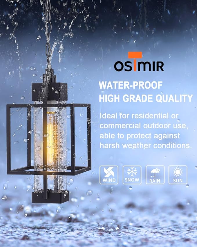 Outdoor Pendant Light, 16" 1-Light Large Hanging Porch Light Fixtures, Modern Black Outside Chandelier Lantern Lighting with Bubble Glass for Porch Gazebo Entryway, 2375/1HL