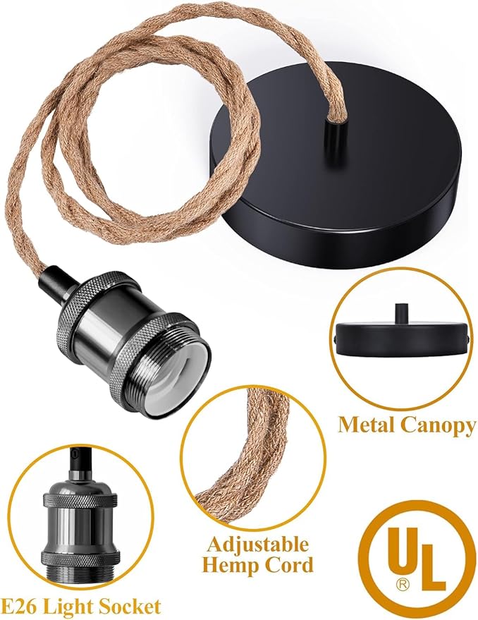 JACKYLED UL Boho Pendant Light Kit, Hemp Rope Light Fixture with Adjustable Hanging Light Cord & E26 E27 Light Socket, Vintage Ceiling Light for DIY Kitchen Island, Bedroom, Farmhouse