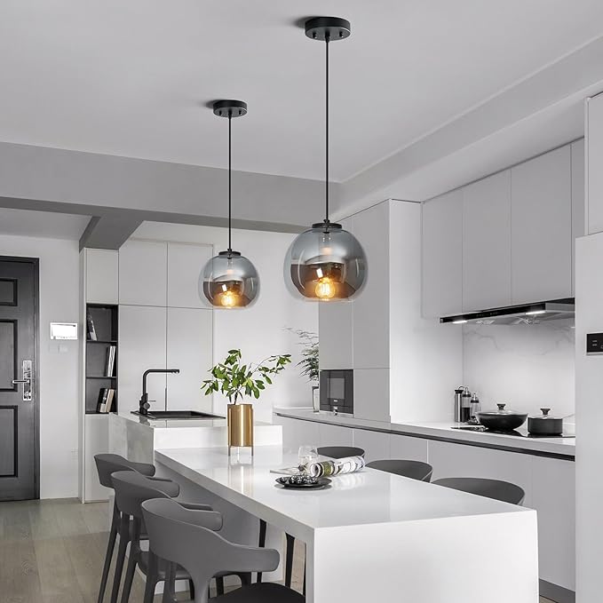 Mirror Smoke Gray Glass Pendant Lights Kitchen Island Black Hanging Light Fixture 7.87" Glass Globe Pendant Light Modern Pendant Lighting for Kitchen Island Bedroom Dining Room (7.87", 1 Pack)