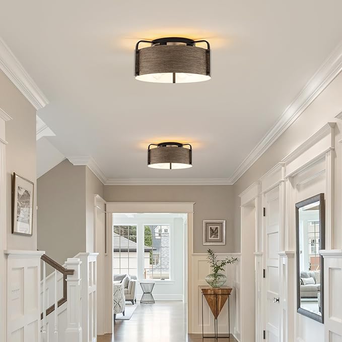 Flush Mount Ceiling Light, 4-Light Farmhouse Ceiling Light Fixture Metal Wood Grain Finish Close to Ceiling Lights for Living Room Kitchen Island Dining Room, E26 Base(Not Included Blub)