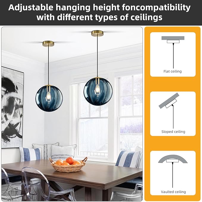 Modern Blue Glass Pendant Light, Kitchen Island Lighting 2-Pack Globe Pendant Light Fixtures Century Kitchen Island Pendant Lighting for Bedroom Living Dining Room Light Fixture (Without Bulb)