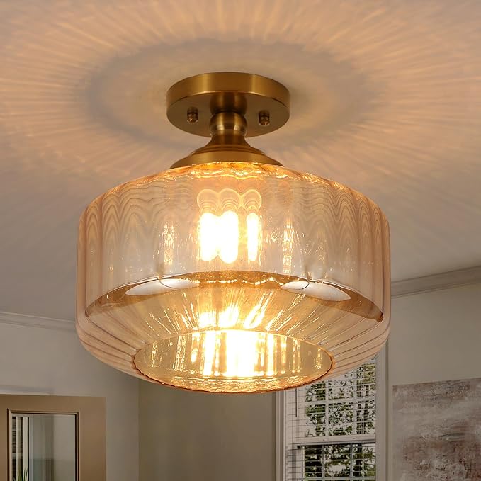 11.8in Semi Flush Mount Ceiling Light Fixture, Vintage Striated Glass Kitchen Lighting Fixtures Ceiling Mount for Entryway Hallway Bedroom Dining Room Bathroom Foyer Laundry (Amber)