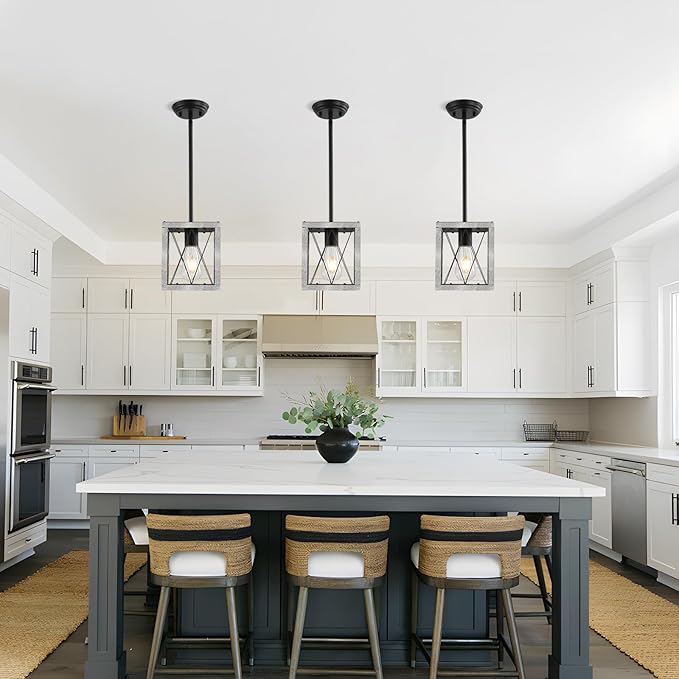 KEESFU Farmhouse Pendant Light with Metal Cage,1 Light Pendant Lighting for Kitchen Island,39 Inch Adjustable Rods for Flat and Slop Ceiling,Kitchen Island Hallway Foyer(2pack