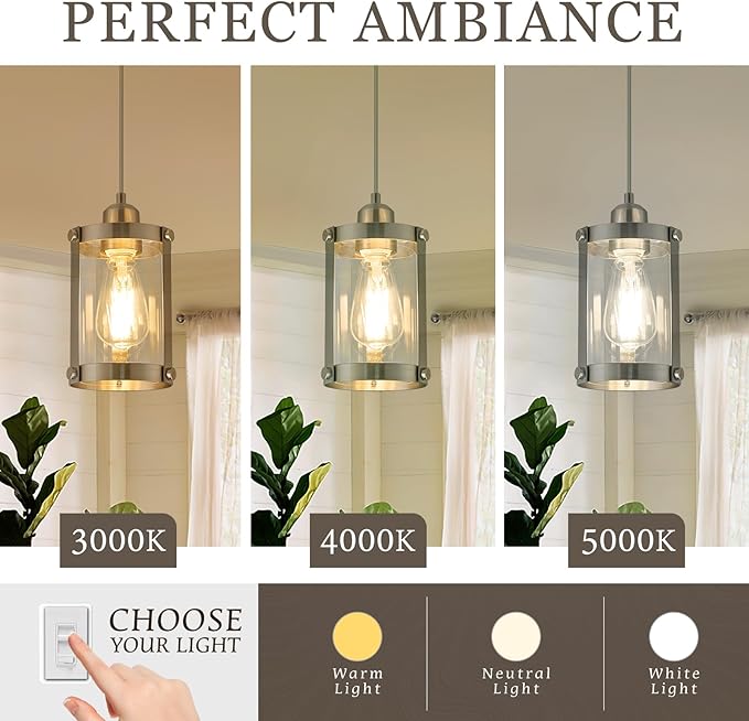 Brushed Nickel Pendant Lights Kitchen Island, 1-Light Modern Mini Hanging Light Fixtures with Clear Glass, Farmhouse Kitchen Pendant Lighting Over Island for Sink, OS-3014-1PBN