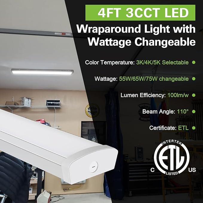 hykolity 4FT LED Flush Mount Wraparound Light Fixture with 3 Wattages/3 Lumens/3 CCT Selectable, 55W/65W/75W, 5500lm/6500lm/7500lm, 3000K/4000K/5000K, for Garage, Office, Kitchens, ETL - 1 Pack