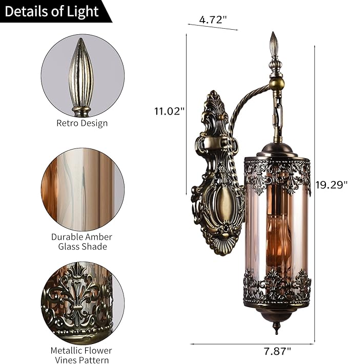 Rustic Wall Sconce with Amber Glass,Vintage Antique Gothic Wall Light Fixture E26 Mid Centry Lantern Bedside Sconces Wall Lighting for Living Room Bathroom Hallway Mirror