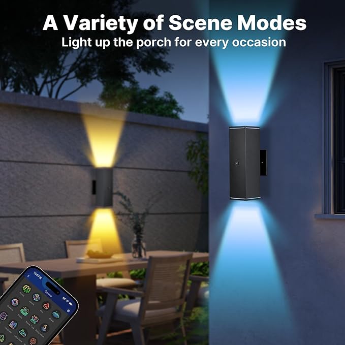 Outdoor Wall Lights 1 Pack, RGBCW Exterior Lighting Sconce,2700K-6500K Dimmable Smart Porch Lights Outdoor for House Patio Garage, Compatible with Alexa/Google Assistant, Bulb Included