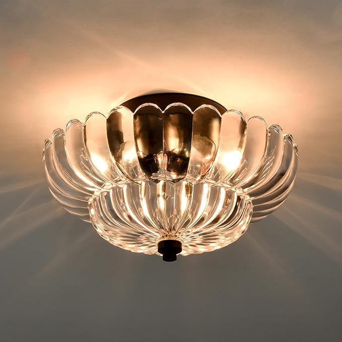 HYDELITE Modern Black Ceiling Light Traditional Semi Flush Mount Ceiling Light with Scalloped Clear Glass for Living Room Hallway Close to Ceiling Light Fixture