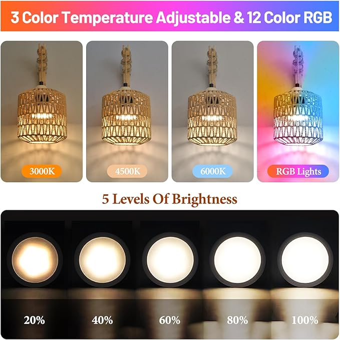 Boho Battery Operated Wall Sconce Set of Two, Rattan Rechargeable Wall Sconces with Remote,Wireless Sconces Set of 2 for Bedroom,Living Room,Entryway 15 Colors Dimmable-Natural Wood
