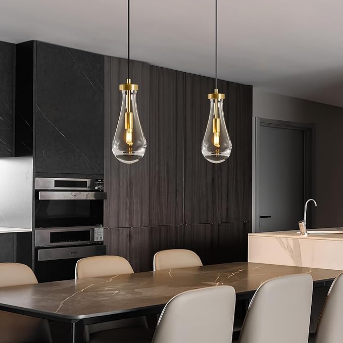Raindrop Pendant Lights Kitchen Island: 2 Raindrops Crystal Light Fixtures - Gold Brass Teardrop Chandelier Lighting over Dining Table - Modern Glass Tear Drop Ceiling Pendants Light Bulb Not Included