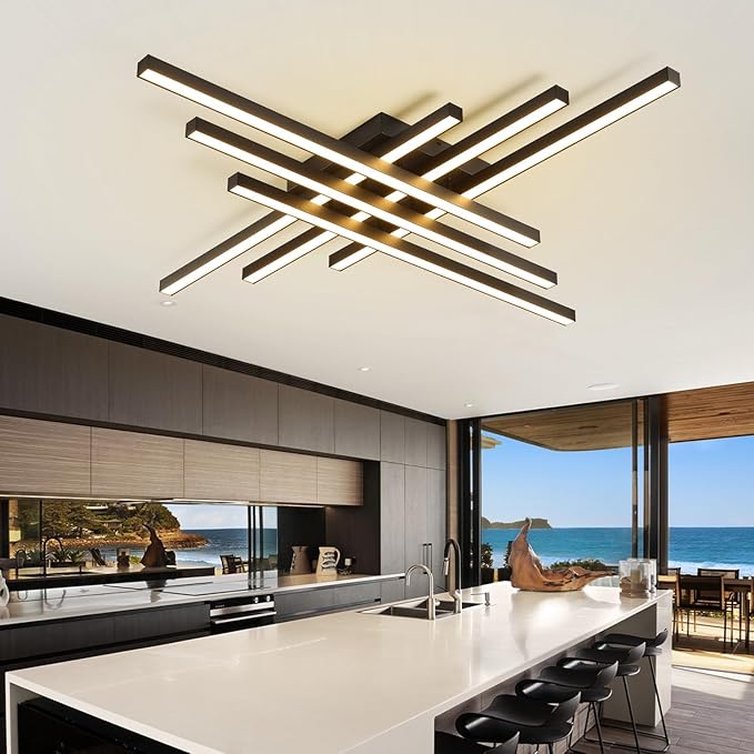 Modern LED Ceiling Lights 43.3" Black Flush Mount Ceiling Light Fixture Sputnik Dimmable Ceiling Lights with Remote Control for Bedroom Living Room Kitchen Room(6 Lights)