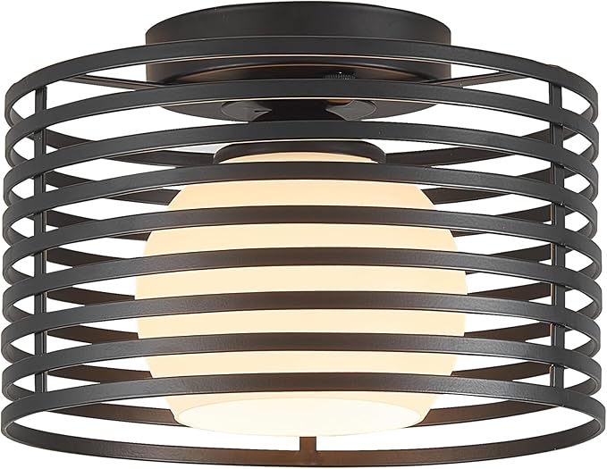 Modern Industrial Semi Flush Mount Ceiling Light, 1-Light Black Farmhouse Ceiling Light Fixture with Glass Shade, Hallway Lighting Fixture for Kitchen, Bedroom, Bathroom, Foyer, Laundry room 9.0in