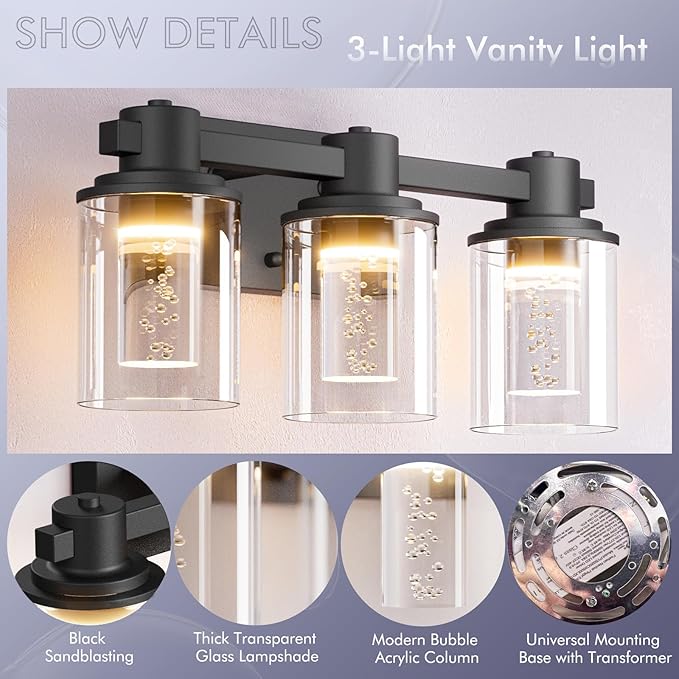 Quntis 3-Light Black Bathroom Light Fixtures with 5 Color Modes, 16 Inch Dimmable Modern Vanity Lighting Fixture Over Mirror, 21 Watts Eye Protection LED Wall Lamp (UL Certified, Bulbs Included)