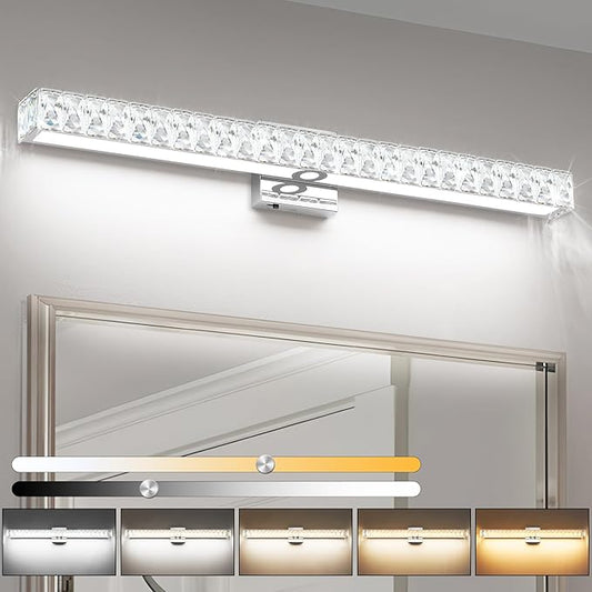 SOLFART Bathroom Light Fixtures, Crystal LED Modern Vanity Light, 32.5 Inch Chrome 5 Color Adjustable 5CCT