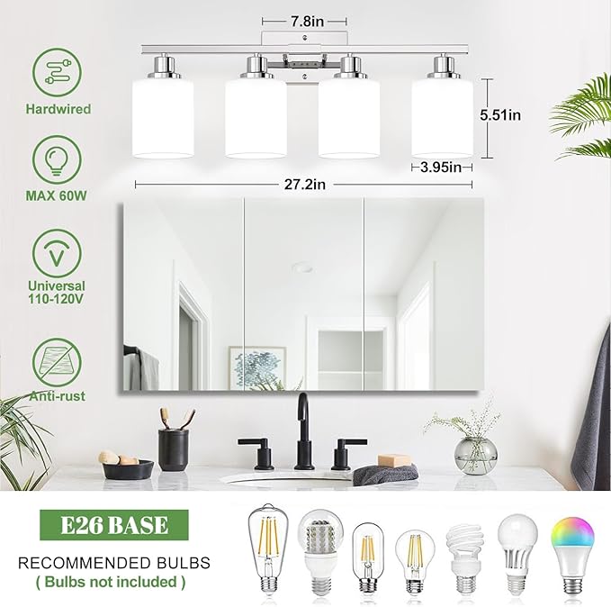 MOKATNG 4-Light Vanity Light with Milky White Shades, Chrome Bathroom Lighting Fixtures Over Mirror, Modern Bathroom Wall Lamp for Mirror Living Room Cabinet Bedroom
