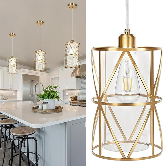 Brushed Gold Pendant Light, 7"×10" Dual-Shade Kitchen Island Lighting with Clear Glass Shade, E26 Adjustable Height 1"-61", UL Listed, for Dining Room Foyer Entryway — Bulbs Not Included