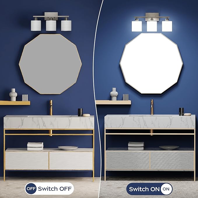 PARTPHONER Bathroom Light Fixtures, Bathroom Lighting Fixtures Over Mirror, Classic Vanity Lights, Modern Vanity Light with Textured Frosted Opal White Glass Shades, Brushed Nickel, 3-Light