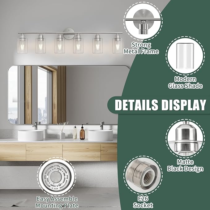 Espird Bathroom Vanity Light Fixtures Brushed Nickel, 6 Lights Bathroom Over Mirror, UL Certified, Modern Wall Lighting Fixtures with Glass Shade, E26 Socket