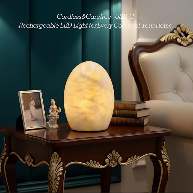 Marble Jade Touch Table Lamp Easter Egg Desk Bedside Cordless Lamps for Living Room Night Stands USB-C 3-Level Brightness, LED Night Light for Office Patio Camping Restaurant Home (Peach Jade)