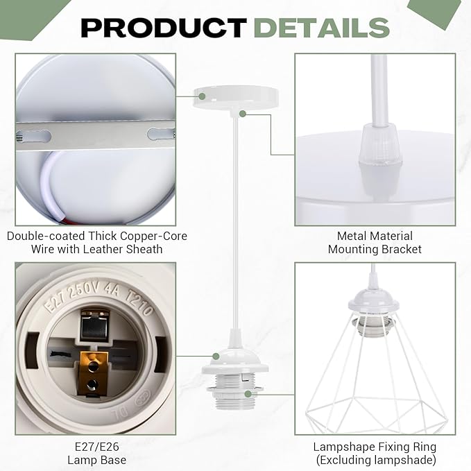 12 Pack Industrial Mini Pendant Light Kit Bulk, UL E26/E27 Lamp Socket 3.28 ft Adjustable Hanging Light Cord Kit Edison Vintage Retro Ceiling Lamp Fixture for Kitchen Bar Decor(White)