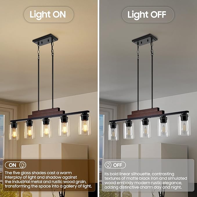 Dining Room Light Fixture Over Table, 5-Light Farmhouse Chandeliers for Dining Room Hanging, Linear Pendant Lights Kitchen Island Lighting, Wood Ceiling Light Fixture with Clear Glass Shade, Black