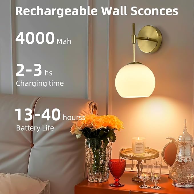 Battery Operated Wall Sconces Set of 2, Rechargeable Wall Lights with Frosted Glass Shade, 12 RGB and 3CCT Dimmable, Wall Lamps with Remote for Bedroom Living Room Hallway, Gold