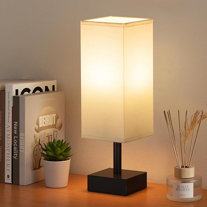 Bedside Lamp for Bedroom with White Shade, Small Lamp for Living Room,End Table, Button Switch(Bulb not Included)