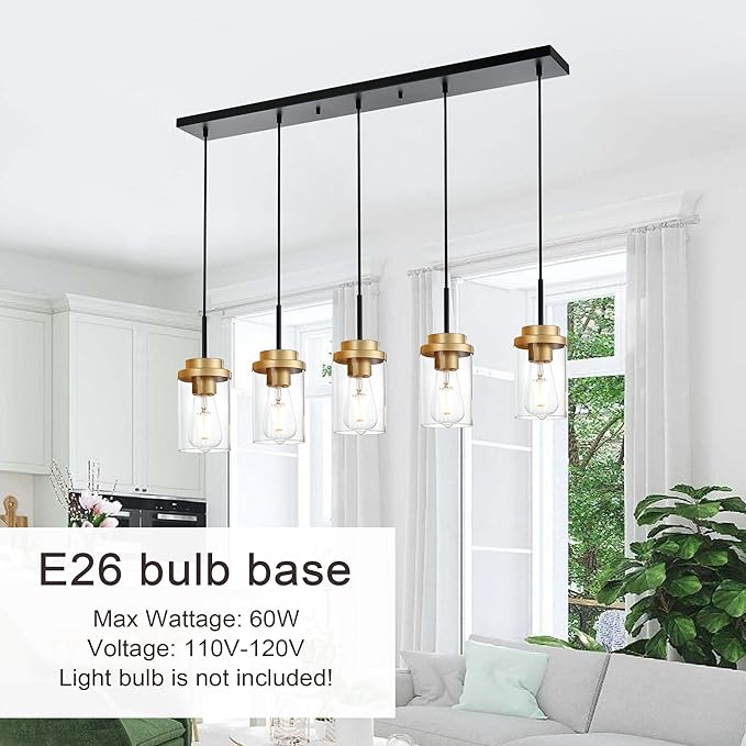 MELUCEE 5-Lights Adjustable Hanging Pendant Light Fixtures 37 Inches in Black, Modern Kitchen Island Lighting Linear Chandelier for Dining Room Over Table with Clear Glass Shade, Gold Socket