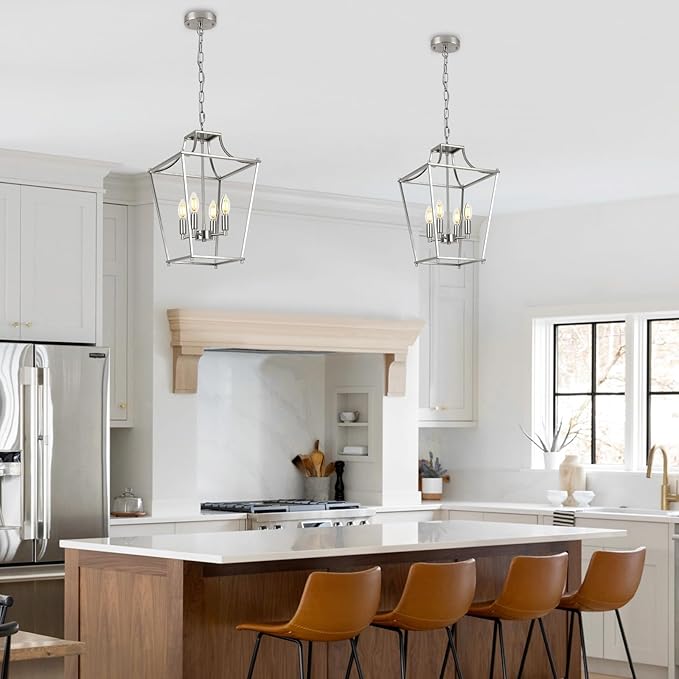 Lantern Pendant Lights, 12" Brushed Nickel Pendant Light Fixtures, 4-Light Adjustable Pendant Lighting for Kitchen Island Dining Room Living Room Foyer Stairway