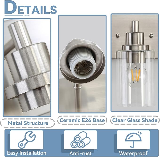 LOUSACE 4 Light Bathroom Vanity Light Brushed Nickel, Bathroom Lighting Fixtures with Clear Glass Shades Over Vanity Mirror, Modern Wall Sconces Fixtures for Bedroom Living Room, E26 Socket