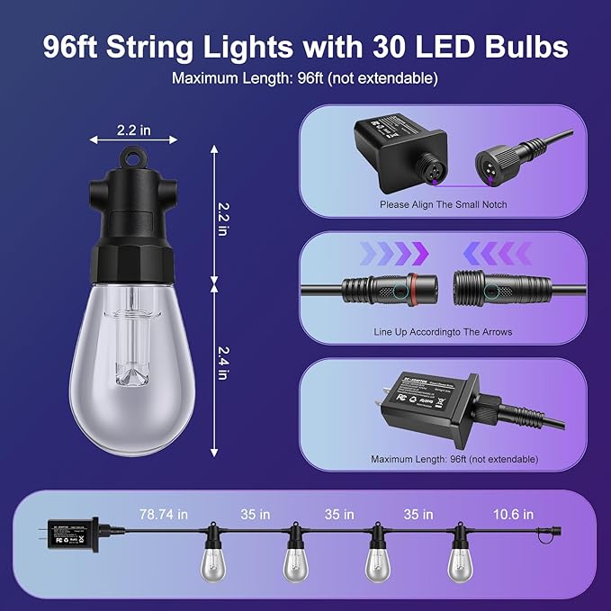 Outdoor String Lights 96ft(2×48ft), Patio Lights with 30 Dimmable LED Bulbs, RGBW & Warm White, IP67 Waterproof, Shatterproof, APP & Remote Control, Color Change, Customizable for Backyard